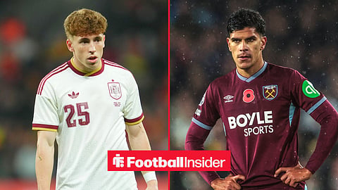 Split image of Liverpool winger Victor Munoz playing for Spain in a friendly at the RCDE Stadium and Mateus Fernandes looking on while standing in the rain playing for West Ham