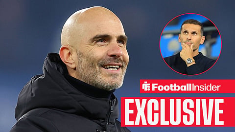 Football Insider exclusive as Enzo Maresca smiles towards Man City chairman Khaldoon Al Mubarak, who watches from a circular inset.