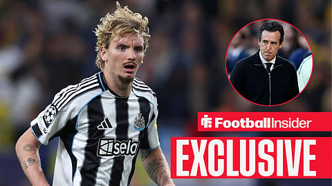 Football Insider exclusive as Newcastle striker Nick Woltemade is in action, while Aston Villa manager Unai Emery watches from a circular inset.