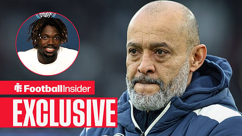Nuno Espirito Santo on sideline looking concerned at Manu Duah in a press conference smiling left inset