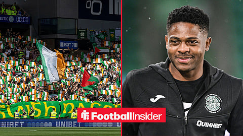 Celtic fans on left in stadium waving Republic of Ireland flags and Miguel Chaiwa on right in Hibernian jacket