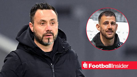 Roberto De Zerbi on sideline in jumper looking at Martin Dubravka who is smiling at camera walking into stadium right inset