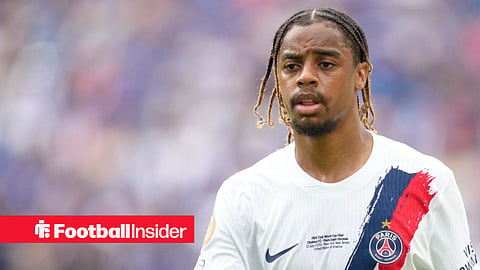 Bradley Barcola playing for PSG in white kit
