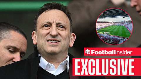 Football Insider exclusive as Hearts owner Tony Bloom stares towards the club's Tynecastle home, which features in a circular inset.