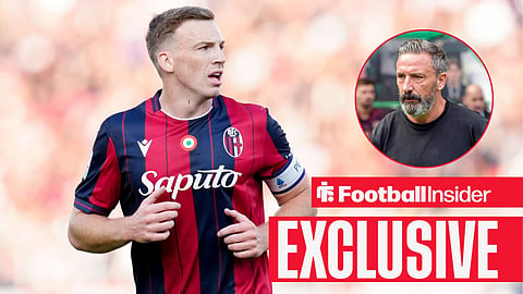 Football Insider exclusive as Bologna midfielder Lewis Ferguson stares towards Rangers manager Derek McInnes, who watches from a circular inset.