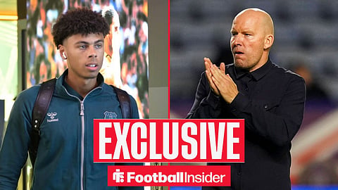 Football Insider exclusive as Everton defender Reece Welch stares across a split image towards Sheffield Wednesday manager Henrik Pedersen.