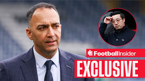 Football Insider exclusive as Leeds chairman Paraag Marathe stares towards Leicester chief Aiyawatt Srivaddhanaprabha, who scratches his head in a circular inset.
