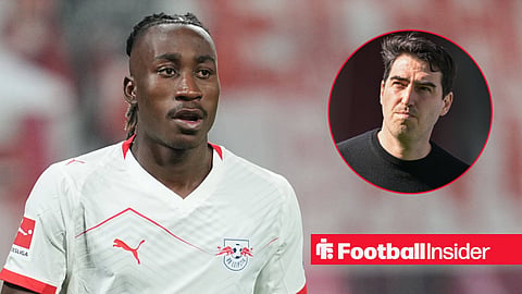 Yan Diomande in action looking right with mouth open at Andoni Iraola right inset looking upwards confused
