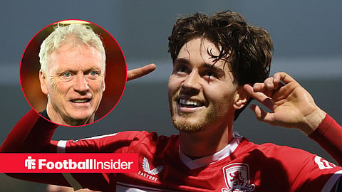 Main image of Hayden Hackney celebrating scoring a goal for Middlesbrough and Everton manager David Moyes' smiling face in a circular inset on the left