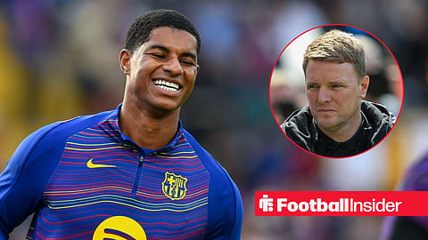 Marcus Rashford laughing in Barcelona training shirt with Eddie Howe frowning on sidelines left inset