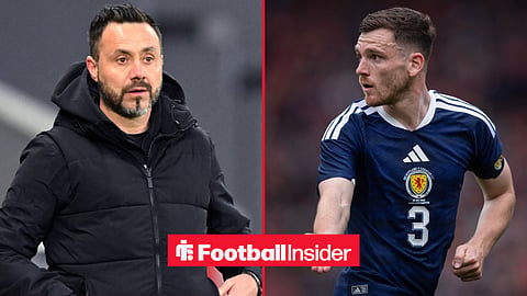 New Tottenham manager Roberto De Zerbi on the sidelines / Andy Robertson of Scotland during the international friendly match between Scotland and Curacao at Hampden Park on May 30, 2026