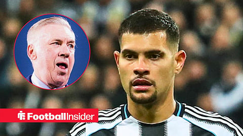 Main image of Bruno Guimaraes looking on while playing for Newcastle United in the Champions League and Brazil manager Carlo Ancelotti's face in a circular inset on the left
