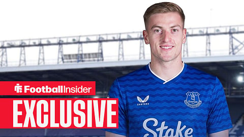 Chelsea striker Liam Delap wearing an Everton home shirt at the Hill Dickinson Stadium