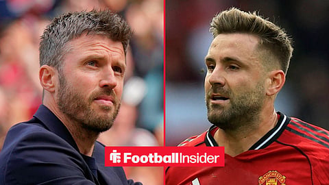Split image of Michael Carrick clapping the supporters as Manchester United manager and Luke Shaw running while playing for Manchester United