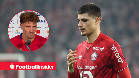Matias Fernandez-Pardo in action looking downwards with Thomas Meunier left inset in a press conference