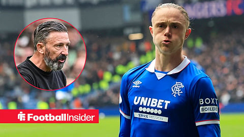 Thelo Aasgaard celebrating a goal by knee sliding with Derek McInnes shouting from sideline left inset
