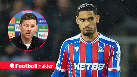 Maxence Lacroix in action for Crystal Palace looking right with Xabi Alonso left inset in a press conference