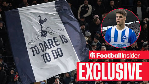 Tottenham Hotspur fan holding up a to dare is to do banner during the Premier League match between Tottenham Hotspur FC and Liverpool FC at Tottenham Hotspur Stadium on December 22, 2024 / Tottenham defender Luka Vuskovic featuring in a Brighton home shirt at the Tottenham Hotspur Stadium