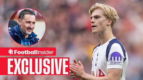 Football Insider exclusive as Tottenham midfielder Lucas Bergvall applauds after a game, while Nottingham Forest manager Vitor Pereira smiles in a circular inset.
