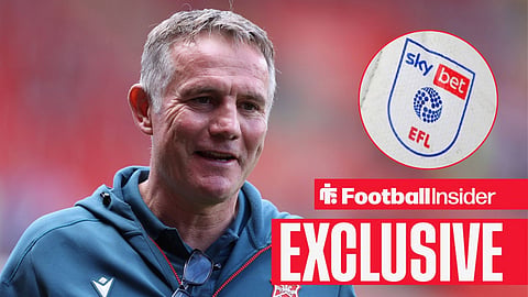 Football Insider exclusive as Wrexham manager Phil Parkinson stares towards the EFL badge, which features in a circular inset.