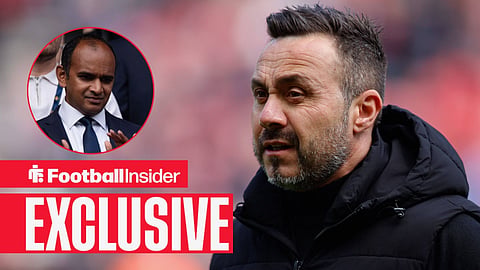 Football Insider exclusive as Tottenham manager Roberto De Zerbi stares towards chief executive Vinai Venkatesham, who looks concerned in a circular inset.I