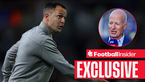 Football Insider exclusive as Birmingham manager Chris Davies stares towards owner Tom Wagner, who is being interviewed in a circular inset.