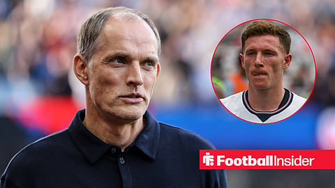 Thomas Tuchel looking focused on the sidelines, with Elliot Anderson in a circular inset
