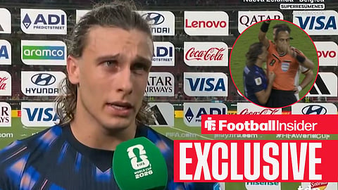 Agustin Canobbio speaks in an interview after his red card / Agustin Canobbio pushes referee after his red card against Spain at the 2026 World Cup