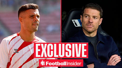 Football Insider exclusive as Sunderland midfielder Granit Xhaka warms up for a game, while Chelsea manager Xabi Alonso watches from the other side of a split image.