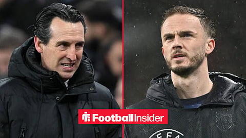 Unai Emery on the sidelines at Villa Park, with James Maddison pre-match for Tottenham