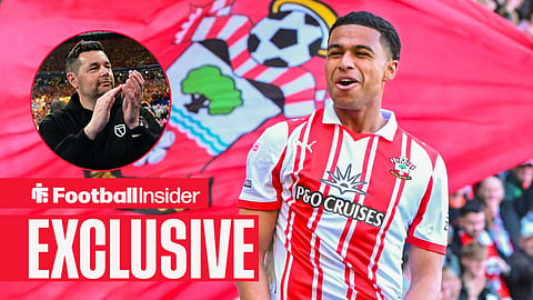 Football Insider exclusive as Southampton midfielder Shea Charles celebrates a goal, while Crystal Palace manager Pierre Sage applauds in a circular inset.