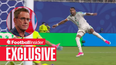 Riyad Mahrez scores Algeria's third against Austria / Austria head coach Ralf Rangnick in front of a Bayern Munich badge