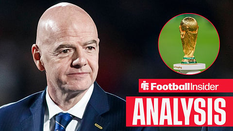 President of FIFA Gianni Infantino during the FIFA U20 World Cup Chile 2025 final match between Argentina and Morocco at Estadio Nacional Julio Martinez Pradanos on October 19, 2025 / World Cup trophy on display