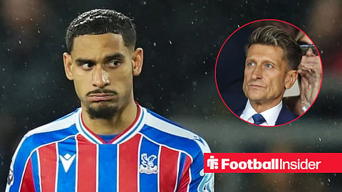 Maxence Lacroix looking frustrated in a Crystal Palace shirt, with Steve Parish in a circular inset