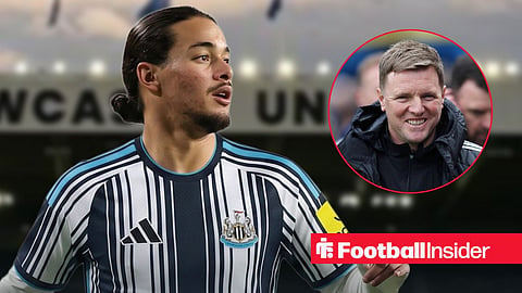Anis Hadj Moussa in a Newcastle shirt looking at Eddie Howe smiling on sideline right inset