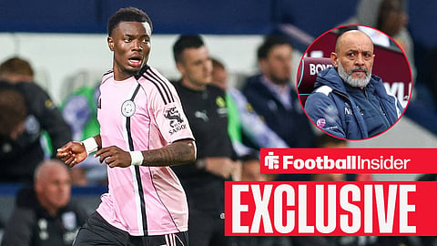 Football Insider exclusive as Leicester winger Abdul Fatawu is in action, while West Ham manager Nuno Espirito Santo watches from a circular inset.