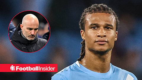 Nathan Ake in action for Man City with Enzo Maresca looking downwards left inset