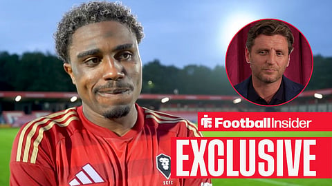 Ossama Ashley post-match with Salford City, with Alex Bruce in a circular inset