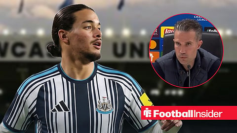 Anis Hadj Moussa looking right in a Newcastle shirt with Robin Van Persie in press conference right inset