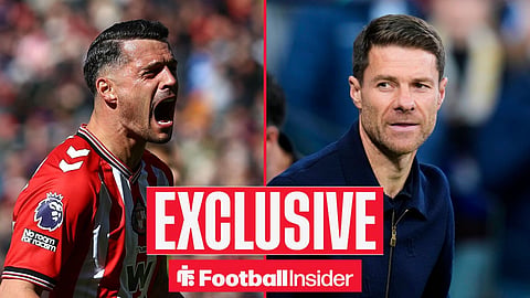 Football Insider exclusive as Sunderland midfielder Granit Xhaka shouts after a game, while Chelsea manager Xabi Alonso watches from the other side of a split image.