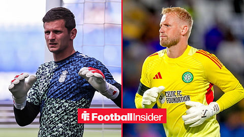 Dinko Horkas on left in goal for Las Palmas on right jogging in yellow Celtic goalkeeper kit