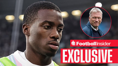 Football Insider exclusive as Timothy Weah stares towards Everton manager David Moyes, who smiles across from a circular inset.