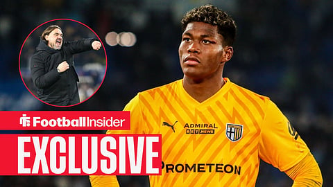 Football Insider exclusive as Parma goalkeeper Zion Suzuki stands with his hands on his hips, while Leeds manager Daniel Farke punches the air in a circular inset.