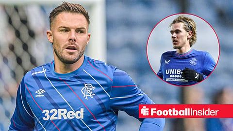 Jack Butland of Rangers warms up during the UEFA Champions League Second Qualifying Round First Leg match at Ibrox Stadium, Glasgow / Former Rangers star Todd Cantwell in a circular inset