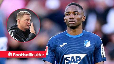 Bazoumana Toure in action looking ahead with Eddie Howe clapping fans left inset
