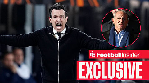 Football Insider exclusive as Aston Villa manager Unai Emery shouts with his arms outstretched, while owner Nassef Sawiris watches from a circular inset.