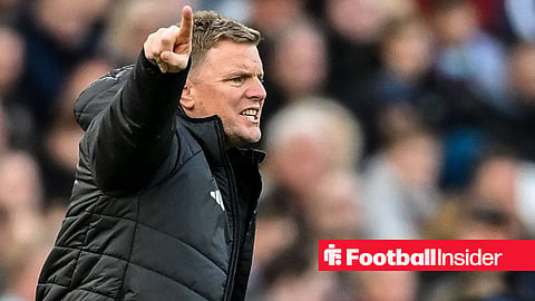 Newcastle United manager Eddie Howe shouting and pointing from the touchline at St James' Park.