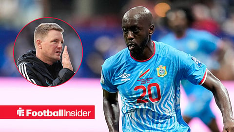 Yoane Wissa in action for DR Congo looking at Eddie Howe clapping fans left inset