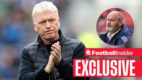 Football Insider exclusive as Everton manager David Moyes applauds, while ex-Scotland boss Steve Clarke watches from a circular inset.