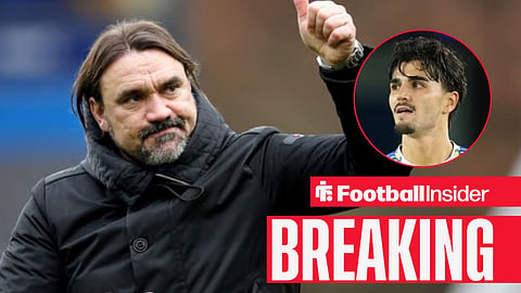 Daniel Farke with his thump up at Elland Road, with Pascal Struijk in a circular inset